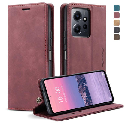 Wine red leather flip phone case with stitched border and camera cutout, front cover open.