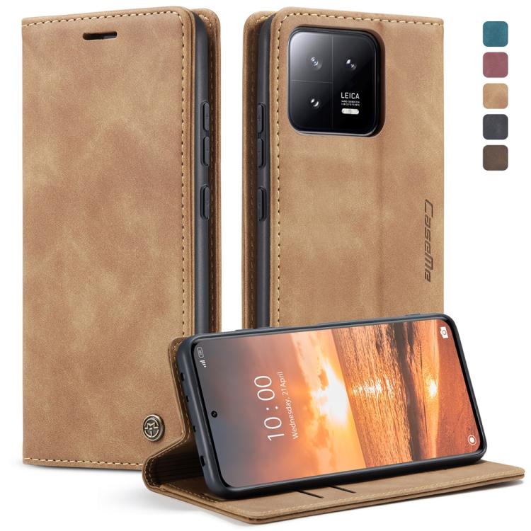 Tan leather wallet-style flip phone case with camera cutout and horizontal stand