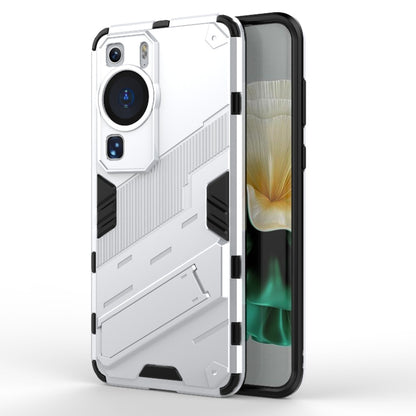White rugged shockproof phone case with TPU bumper and built-in holder