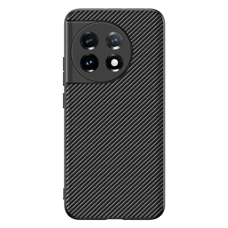 Phone case with carbon fiber texture print and raised camera cutouts, black frame.