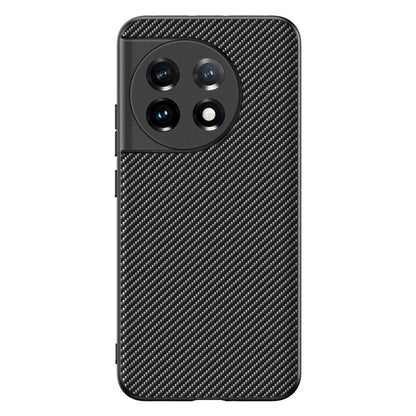 Phone case with carbon fiber texture print and raised camera cutouts, black frame.