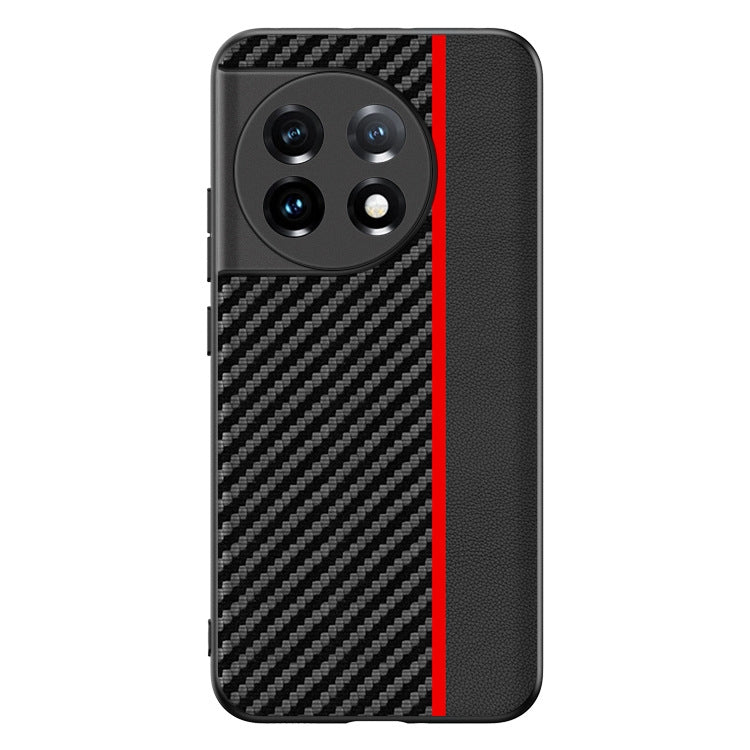 Phone case with carbon fiber texture print, raised camera cutouts, black with red side stripe.