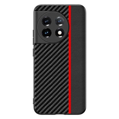 Phone case with carbon fiber texture print, raised camera cutouts, black with red side stripe.