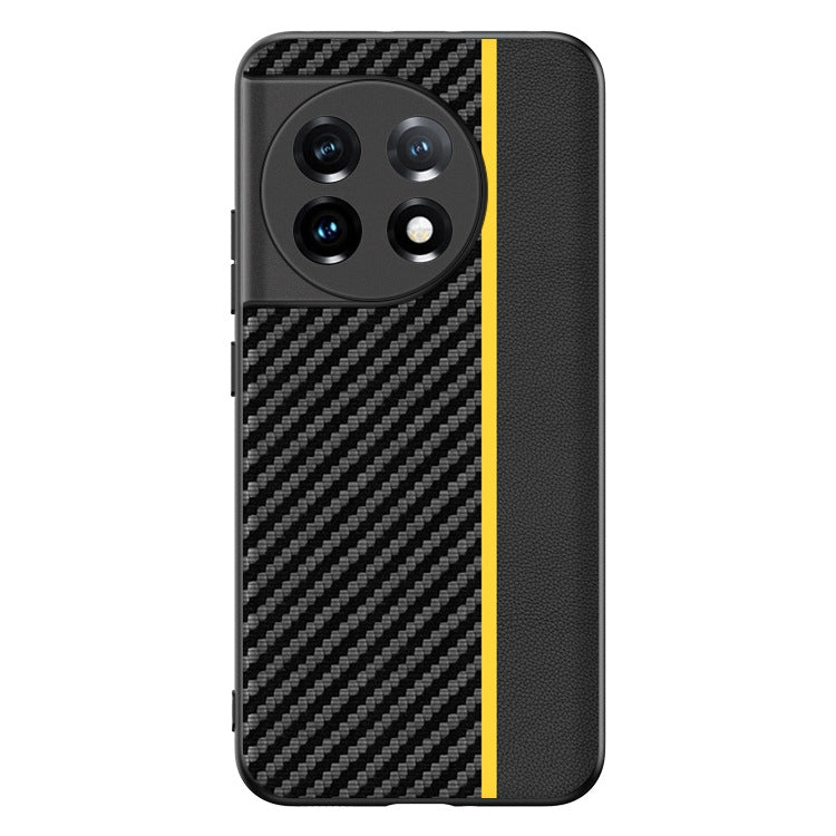 Phone case with carbon fiber texture print, raised camera cutouts, black with yellow side stripe.