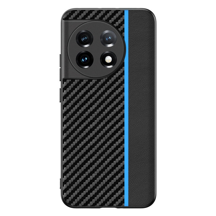 Phone case with carbon fiber texture print, raised camera cutouts, black with blue side stripe.