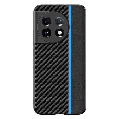 Phone case with carbon fiber texture print, raised camera cutouts, black with blue side stripe.