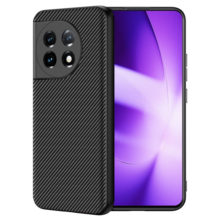 Slim phone case with carbon fiber texture print and raised camera cutouts, black.