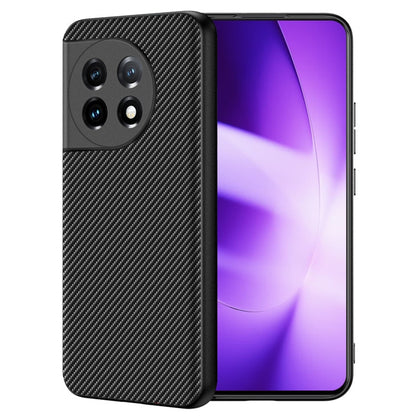 Slim phone case with carbon fiber texture print and raised camera cutouts, black.