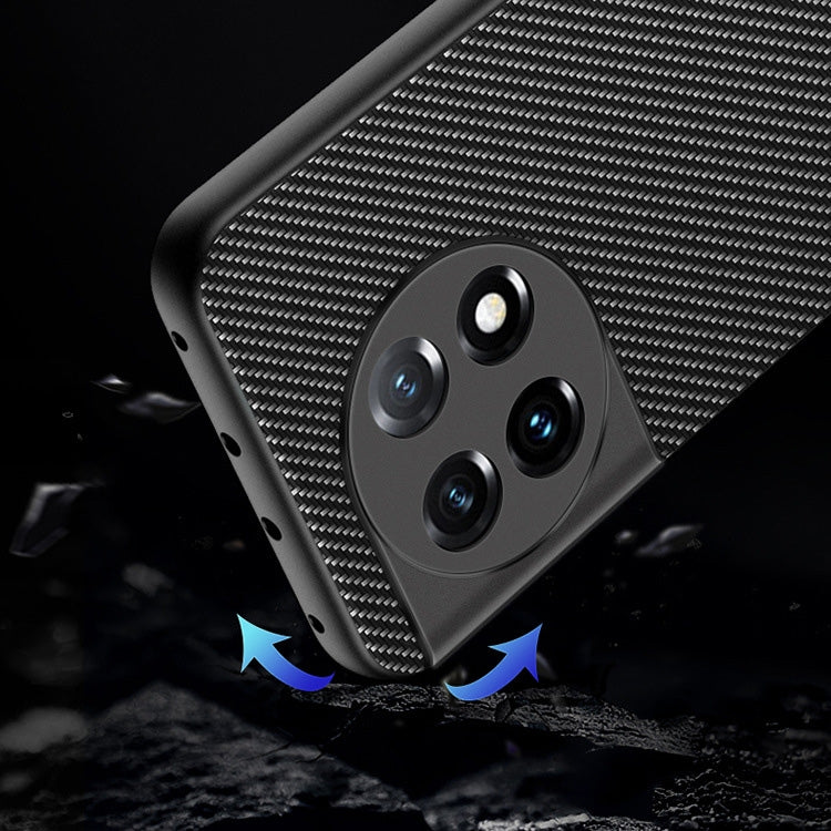 Carbon fiber textured phone case with raised camera cutout and grippy bumper corners, black.