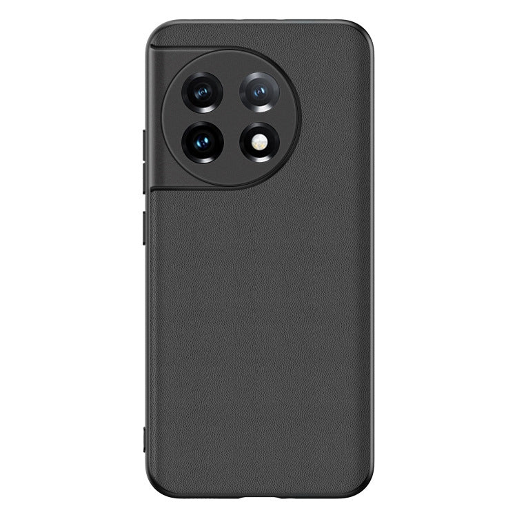 Black lambskin leather phone case for OnePlus 11, textured finish, camera cutouts.