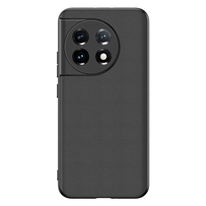 Black lambskin leather phone case for OnePlus 11, textured finish, camera cutouts.
