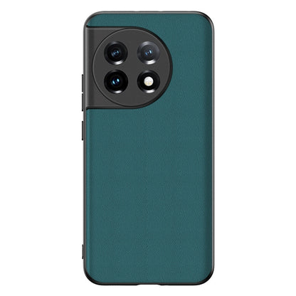 Teal-green lambskin leather phone case for OnePlus 11, textured finish, camera cutouts.