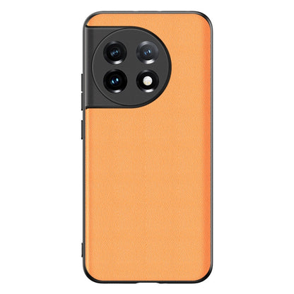 Orange lambskin leather phone case for OnePlus 11, textured finish, camera cutouts.