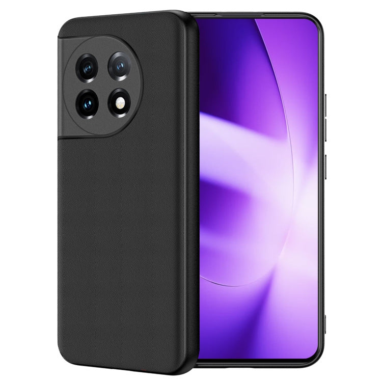 Black lambskin leather phone case for OnePlus 11, slim back cover, camera cutout.