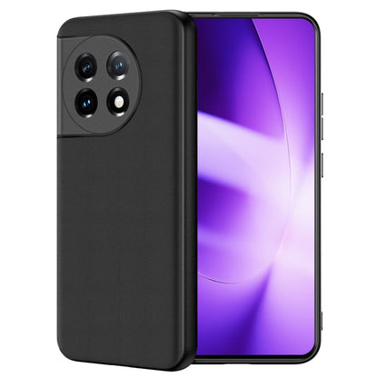 Black lambskin leather phone case for OnePlus 11, slim back cover, camera cutout.