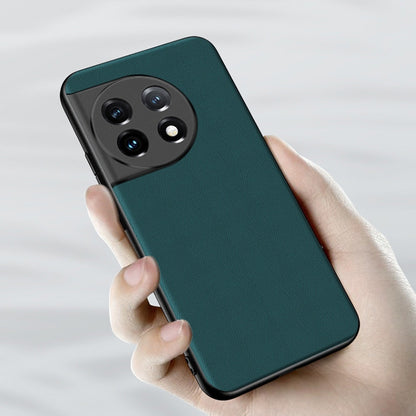 Teal lambskin leather phone case for OnePlus 11, slim back, camera cutouts.