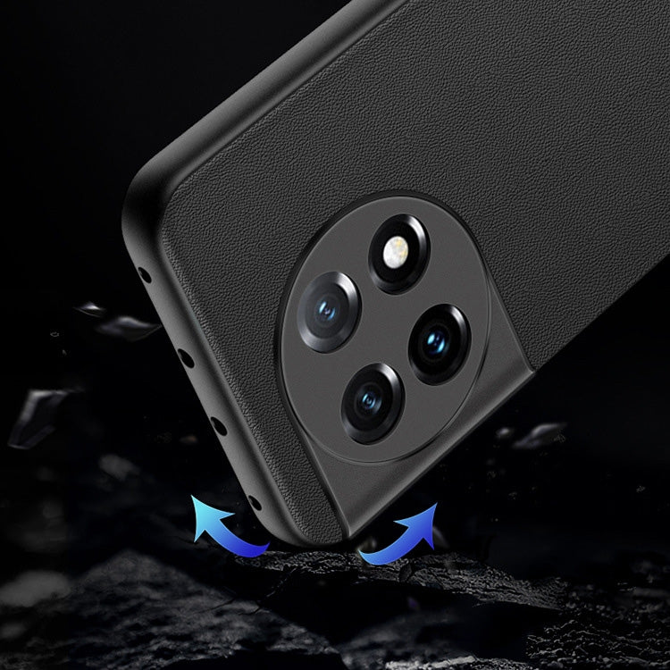Black lambskin leather phone case for OnePlus 11, close-up texture, camera cutouts, grip edges.