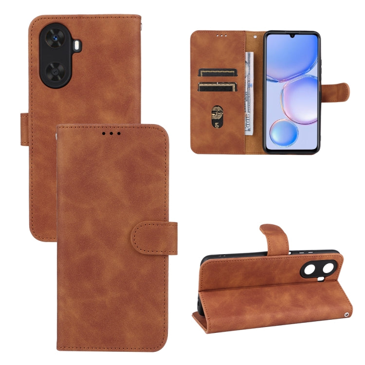 Tan leather magnetic flip phone case with card slots and kickstand