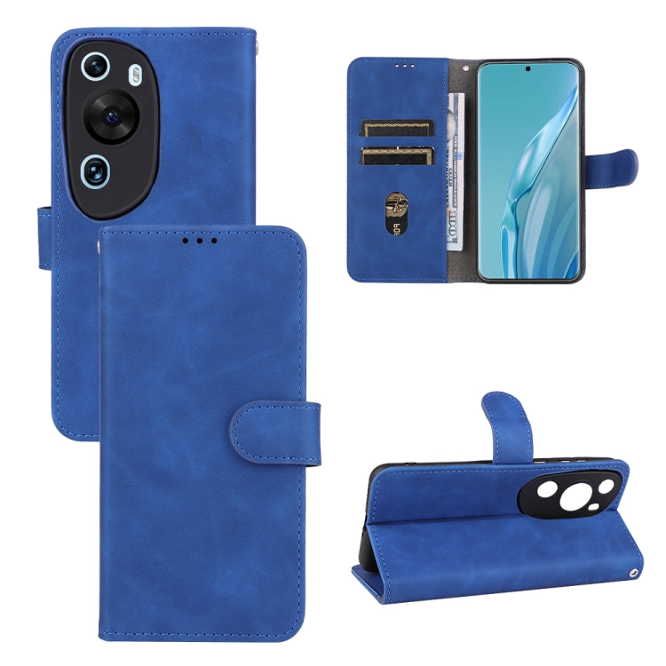 Blue leather flip phone wallet case with card slots and camera cutouts