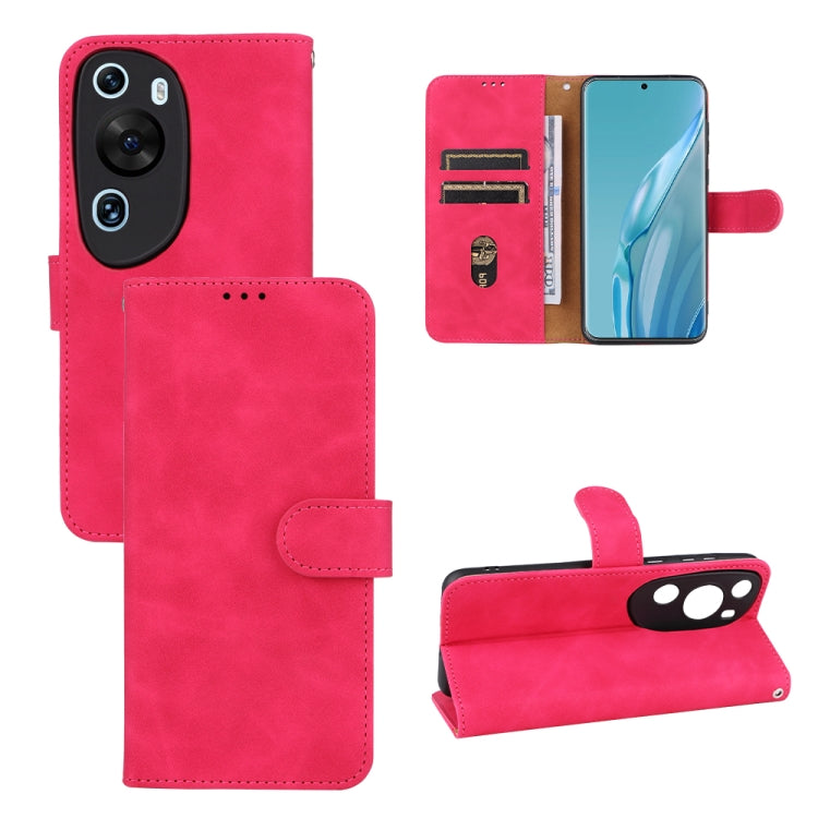 Rose red leather flip phone wallet case with card slots and camera cutouts