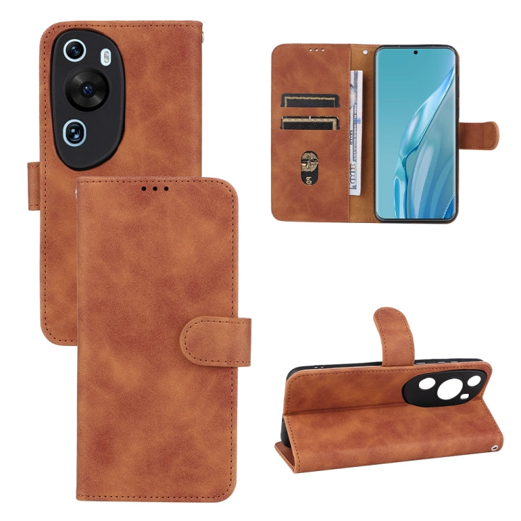 Brown leather flip phone wallet case with card slots and camera cutouts