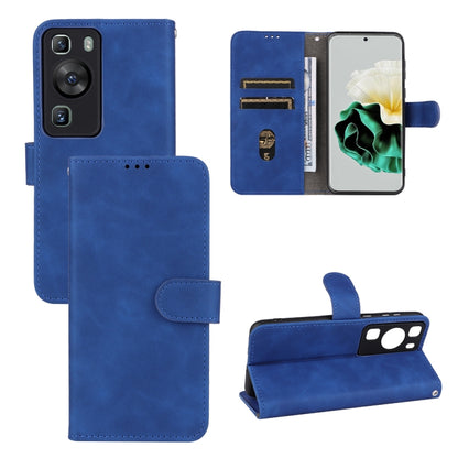 Blue leather flip phone wallet case with card slots and kickstand
