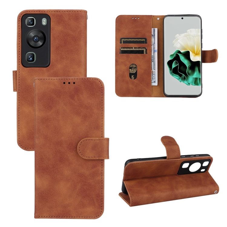 Brown leather flip phone wallet case with card slots and kickstand
