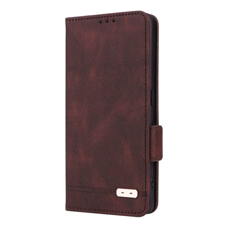 Brown magnetic clasp flip leather phone case with side buttons and card window
