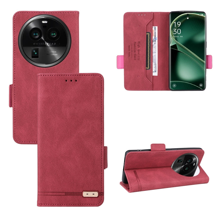 Red magnetic clasp flip leather phone case with card slots and rear camera opening