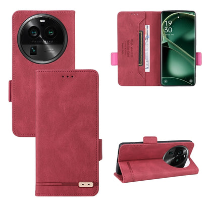 Red magnetic clasp flip leather phone case with card slots and rear camera opening
