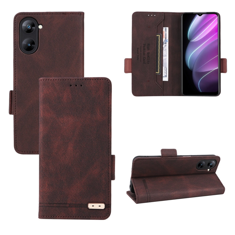 Magnetic clasp flip leather phone case in brown with card slots and kickstand