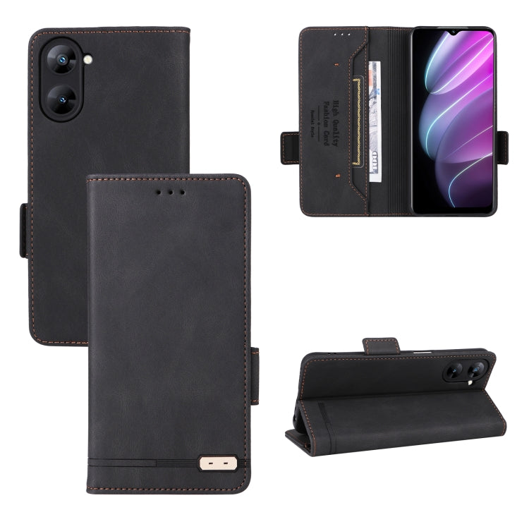 Magnetic clasp flip leather phone case in black with card slots and foldout stand