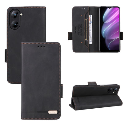 Magnetic clasp flip leather phone case in black with card slots and foldout stand