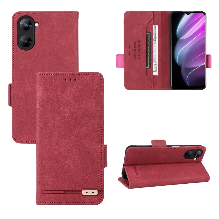 Magnetic clasp flip leather phone case in red with card slots and foldout stand