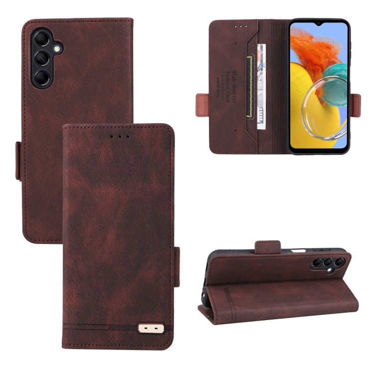 Magnetic clasp flip leather phone case in brown with card slots and foldout stand