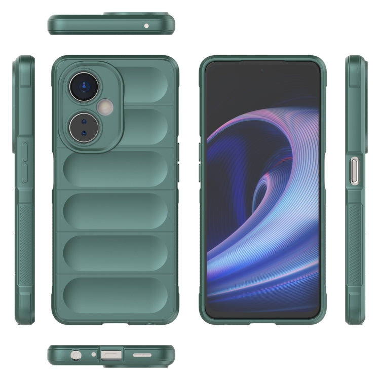 Green phone case with ridged back, camera openings, and side button cutouts