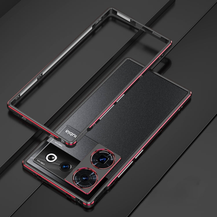Black metal frame phone case with lens cover flap, red trim, raised camera protection