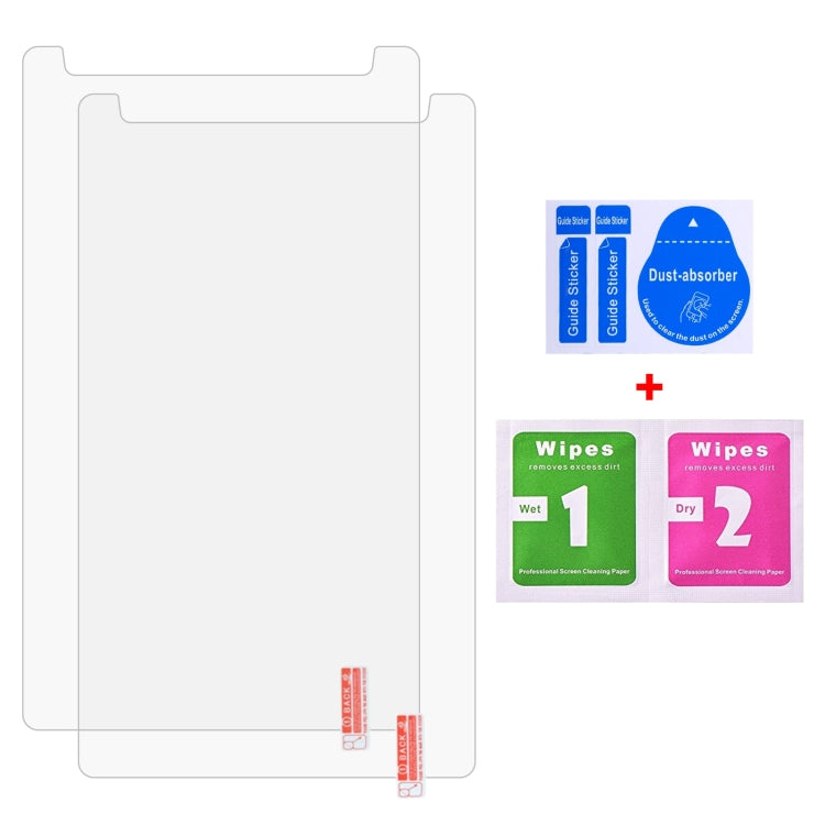 Tablet screen protector films, clear cutout set with alignment strips and cleaning wipes