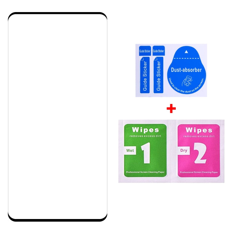 Tempered glass screen protector with included cleaning wipes and dust absorber