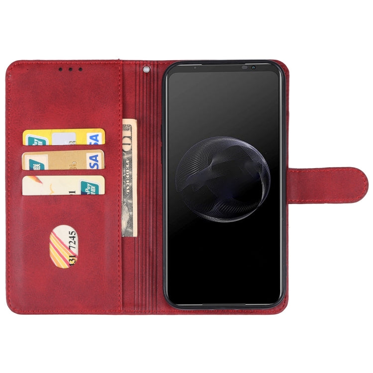 Red leather folio phone case open with card slots and phone cutout