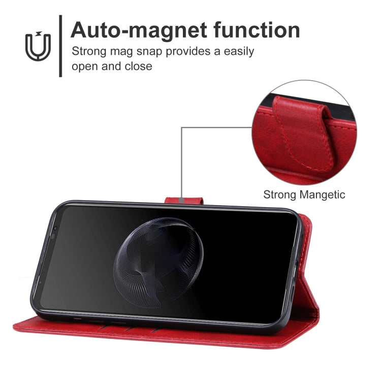 Red leather flip phone case in standing position
