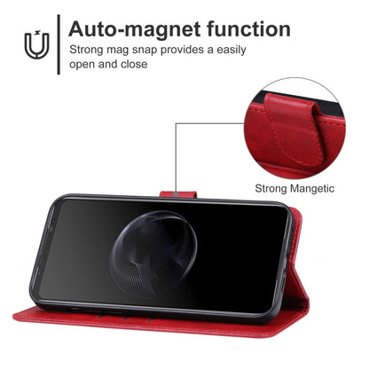 Red leather flip phone case in standing position