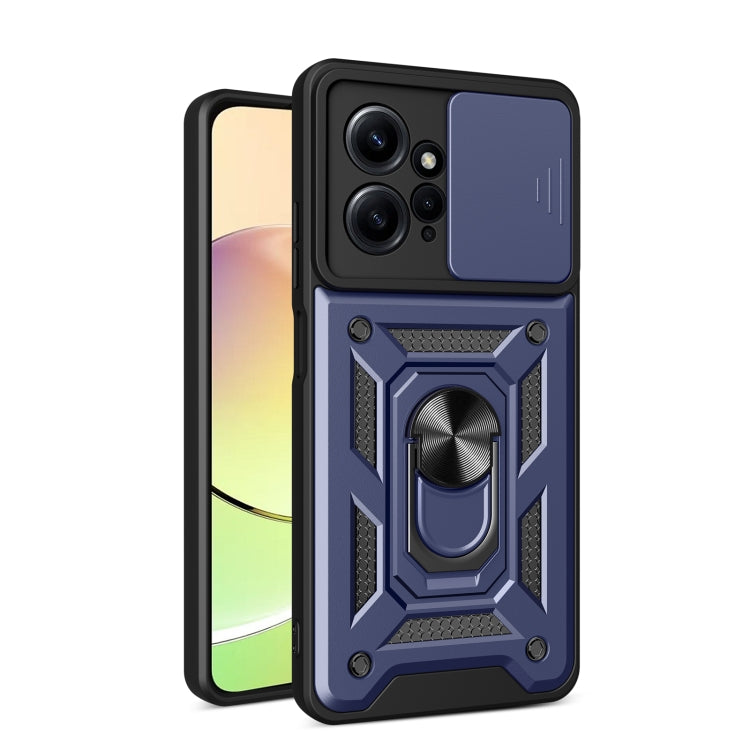 Blue rugged phone case with sliding camera cover and built-in ring stand