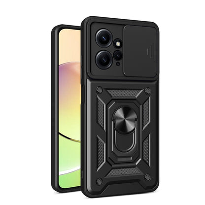 Black rugged phone case with sliding camera cover and built-in ring stand