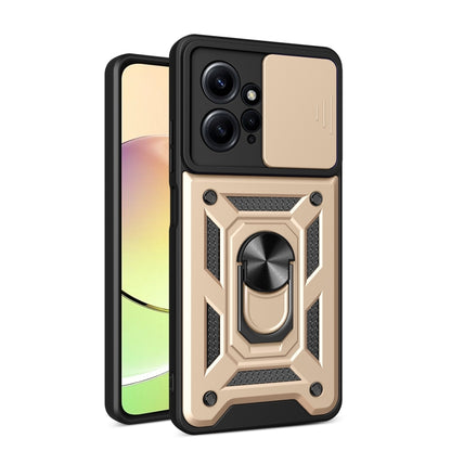 Gold rugged phone case with sliding camera cover and built-in ring stand