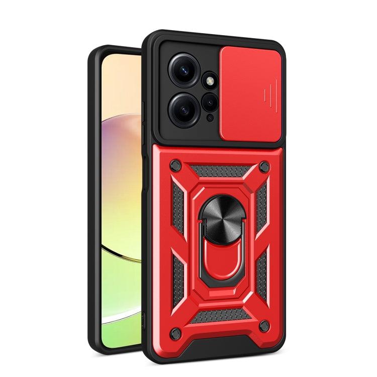 Red rugged phone case with sliding camera cover and built-in ring stand