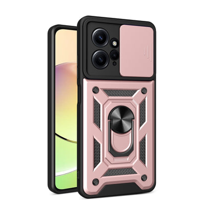 Rose pink rugged phone case with sliding camera cover and built-in ring stand