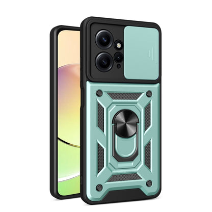 Dark green rugged phone case with sliding camera cover and built-in ring stand