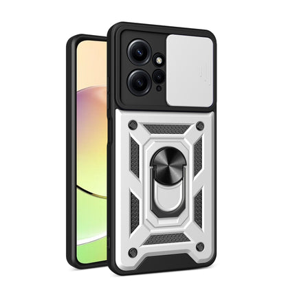 Silver rugged phone case with sliding camera cover and built-in ring stand