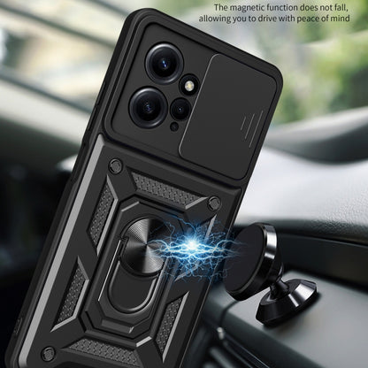 Black rugged phone case with sliding camera cover and magnetic ring stand